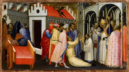 San Hugo de Lincoln exorciza a un hombre poseído por el diablo - Pintura de Gherardo Starnina (c. 1364-1413) - 1404-1407