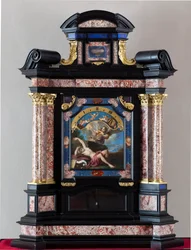 Reloj con representación de San Jerónimo escuchando la trompeta del juicio final, pintura de Giacinto Brandi (1621-1691). Estructura y mecanismo realizados por Giuseppe Campani - siglo XVII