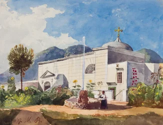 Iglesia y fuente, posiblemente el jardín de una residencia real, con adiciones del Príncipe Gaetano Maria Federico di Borbone (1846-1871)