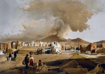 Vista del Foro y el Templo de Júpiter en Pompeya, ilustración de Giacinto Gigante de Casas y monumentos de Pompeya, por Fausto y Felice Niccolini