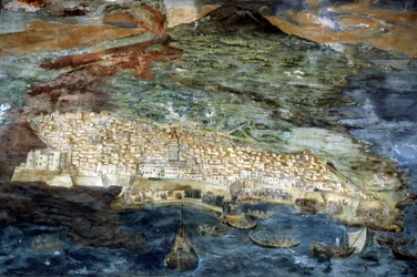 En 1669 la ciudad de Catania (Sicilia) fue devastada por la erupción del Etna. Pintura de Giacinto Platanio. Sacristía del Duomo de Catania.