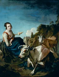 Una niña con una vaca y una oveja en un paisaje rocoso, c.1700 (óleo sobre lienzo)
