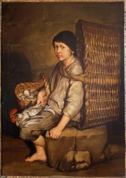 Muchacho de los recados sentado con una cesta en la espalda, huevos y aves, c.1735