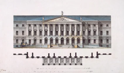 Proyecto del Instituto Smolny. La fachada principal y el plano de la planta baja, 1806-1808