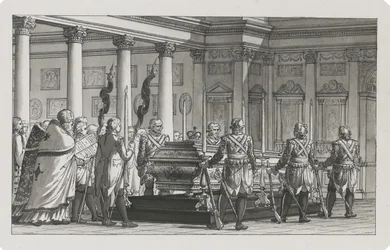 El Emperador Pablo I en estado con una guardia de honor
