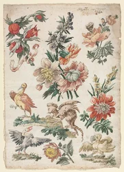 Diseños florales con pájaros y grifo