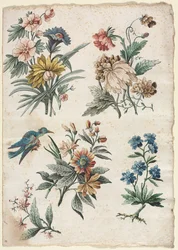 Diseños florales con un pájaro azul