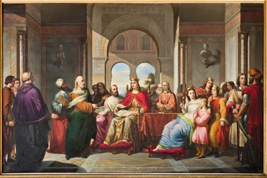 Federico II recibe un libro de Aristóteles de manos de Michael Scot