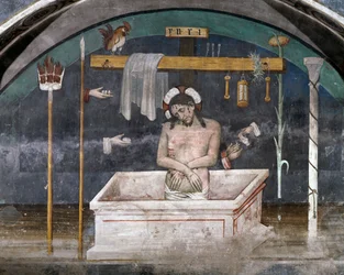 Cristo rodeado por símbolos de la Pasión, fresco de Giacomo Jaquerio (1375-1453), abadía de San Antonio de Ranverso, Buttigliera Alta, Piamonte, Italia