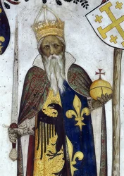 Representación de los marqueses de Saluzzo y sus esposas como héroes e heroínas históricos y mitológicos. Detalle: Manfredo III como Carlomagno. 1418-30