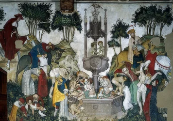 La fuente de la juventud. (detalle) Anunciando y bañándose en la fuente. 1418-30