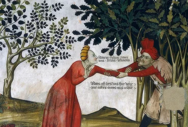 La fuente de la juventud. (detalle) un hombre arrastra a una mujer al arbusto. 1418-30