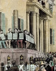 Risorgimento: miembros del movimiento Giovine Italia (incluyendo a Carlo Cattaneo (1801-1869), Tinelli, Danzi, Bussi) sentados frente al Palacio de Justicia en Milán, escuchando la sentencia que los condena al exilio en 1848. Litografía de Manteg