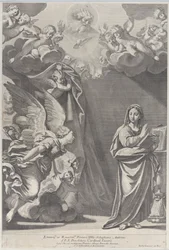 La Anunciación, con Gabriel y otros ángeles a la izquierda y Dios Padre arriba