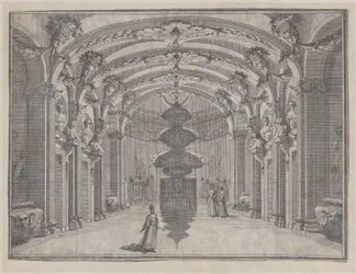 Escena teatral en un gran salón con techo abovedado y una escultura central, ca. 1687-1717