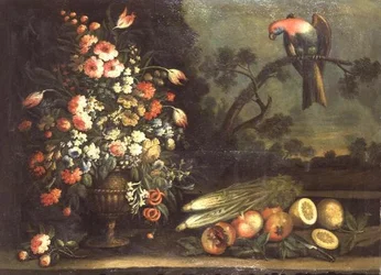 Naturaleza muerta, flores mixtas, vegetales y loro