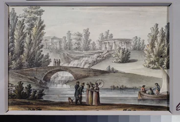 El Templo de Apolo y la cascada en el Parque Pavlovsk (San Petersburgo). Obra de Giacomo Antonio Domenico Quarenghi (1744-1817), tinta y acuarela sobre papel, hacia 1800. Arte italiano