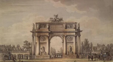 Vista de las Puertas de Narva en San Petersburgo con gradas para espectadores