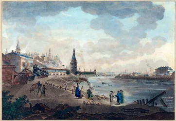 Vista del Kremlin de Moscú tomada desde el Puente de Piedra sobre el Moscova (Moskva o Moskwa). Obra de Giacomo Antonio Domenico Quarenghi (1744-1817), acuarela y tinta sobre papel, hacia 1790. Arte italiano