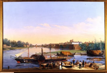 Vista del puerto de Pavía (Pavia) en el Po y del barco de vapor Principessa Clementina"" Pintura de Giacomo Trecourt (1812-1882) siglo XIX