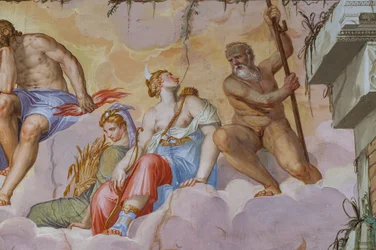 Ceres (diosa de la cosecha con un haz de espigas) y Diana (diosa de la caza con el arco), detalle de la Sala del Olimpo, c.1557 (fresco)