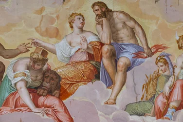 Juno, Júpiter y Cibeles tumbados en las nubes, sobre ruinas arquitectónicas, detalle de la Sala del Olimpo, c.1557 (fresco)