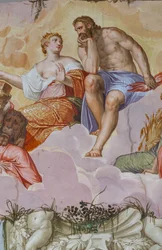Juno y Júpiter tumbados en las nubes, sobre ruinas arquitectónicas, detalle de la Sala del Olimpo, c.1557 (fresco)