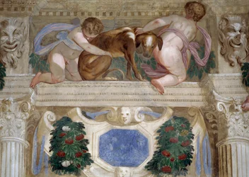 Putti con un galgo, festones de frutas y mascarones