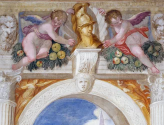 Putti con busto de un héroe entre mascarones y festones de frutas