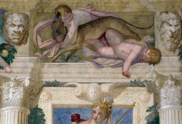 Putti con un galgo y mascarones