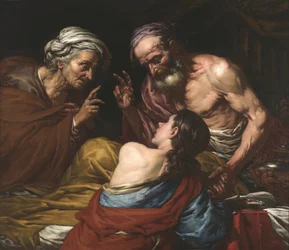 Isaac benit Jacob - Isaac bendiciendo a Jacob, de Langetti, Giovan Battista (1635-1676). Óleo sobre lienzo, Entre 1660 y 1670. Dimensión : 109x126 cm. Museo Nacional Brukenthal, Sibiu
