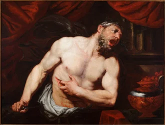 El suicidio de Catón de Útica (Marco Porcio Catón Uticense o Catón el Joven) (95-46 a. C.), político romano. Pintura de Giambattista Langetti (1621-1676), dimensiones 93 x 123 cm, Génova, Musei di Strada Nuova