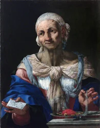 Mujer vieja con un collar de perlas y una carta (Vanitas)