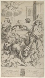 Masacre de los inocentes, grupo de mujeres y niños siendo atacados, dos ángeles, ca. 1640-70