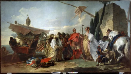 Julio César conociendo a Cleopatra (César conociendo a Cleopatra). Pintura de Giandomenico Tiepolo (1727-1804). Óleo sobre lienzo, 337 x 608 cm