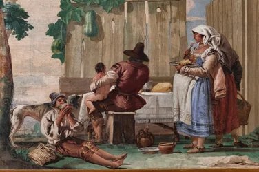 Familia campesina a la mesa, de la sala de escenas rústicas, en la Foresteria (Casa de huéspedes) 1757 (fresco)
