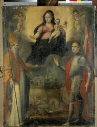Madona y el Niño con los santos Mercuriale (patrón de la ciudad de Forli) y Valeriano (óleo sobre tabla)