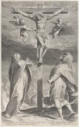 Crucifixión con la Virgen María y San Juan Evangelista, ángeles arriba, ca. 1593