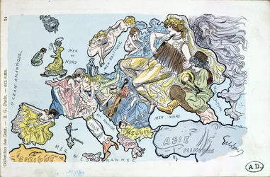 Postal que representa los países de Europa como mujeres
