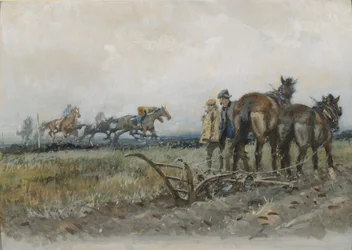 Caballos de Carreras en Ejercicio Observados por Labradores