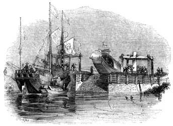 Barco arrastrado sobre una esclusa o compuerta en un canal, 1847