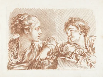 Mujer joven con cesta de flores y niño