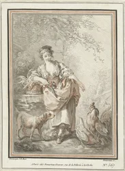 mujer joven, con, perro, y, gallo, y, gallina