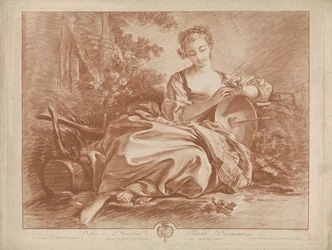 mujer joven, sentado, con, escudo, en, el, cual, un, corazón, perforado, por, flecha