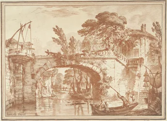 Paisaje del sur con puente y casas junto al río