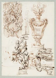 Una pantalla perforada, urna, una fuente y dos lavabos