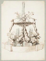 Diseño para una fuente sostenida por delfines y dos perros