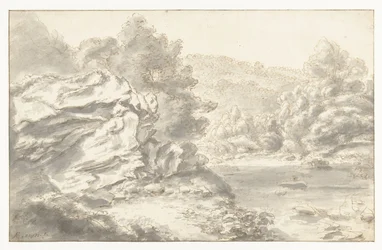 Rocas y río en un paisaje de colinas