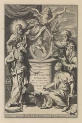 Figuras bíblicas revelan el retrato de Moisés Portada de Wilhelmus Goeree, Preparaciones para la sabiduría bíblica y el uso de historias sagradas y eclesiásticas, 1690