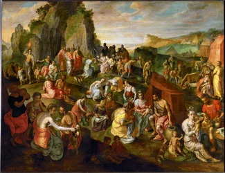 Moisés saca agua de la roca (pintura sobre madera de roble)